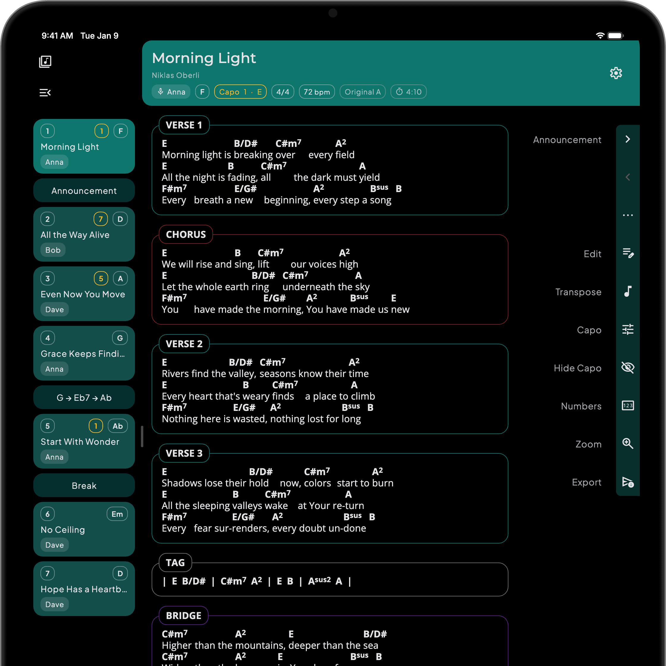 SONGUIDE song view on a tablet with chords above the lyrics