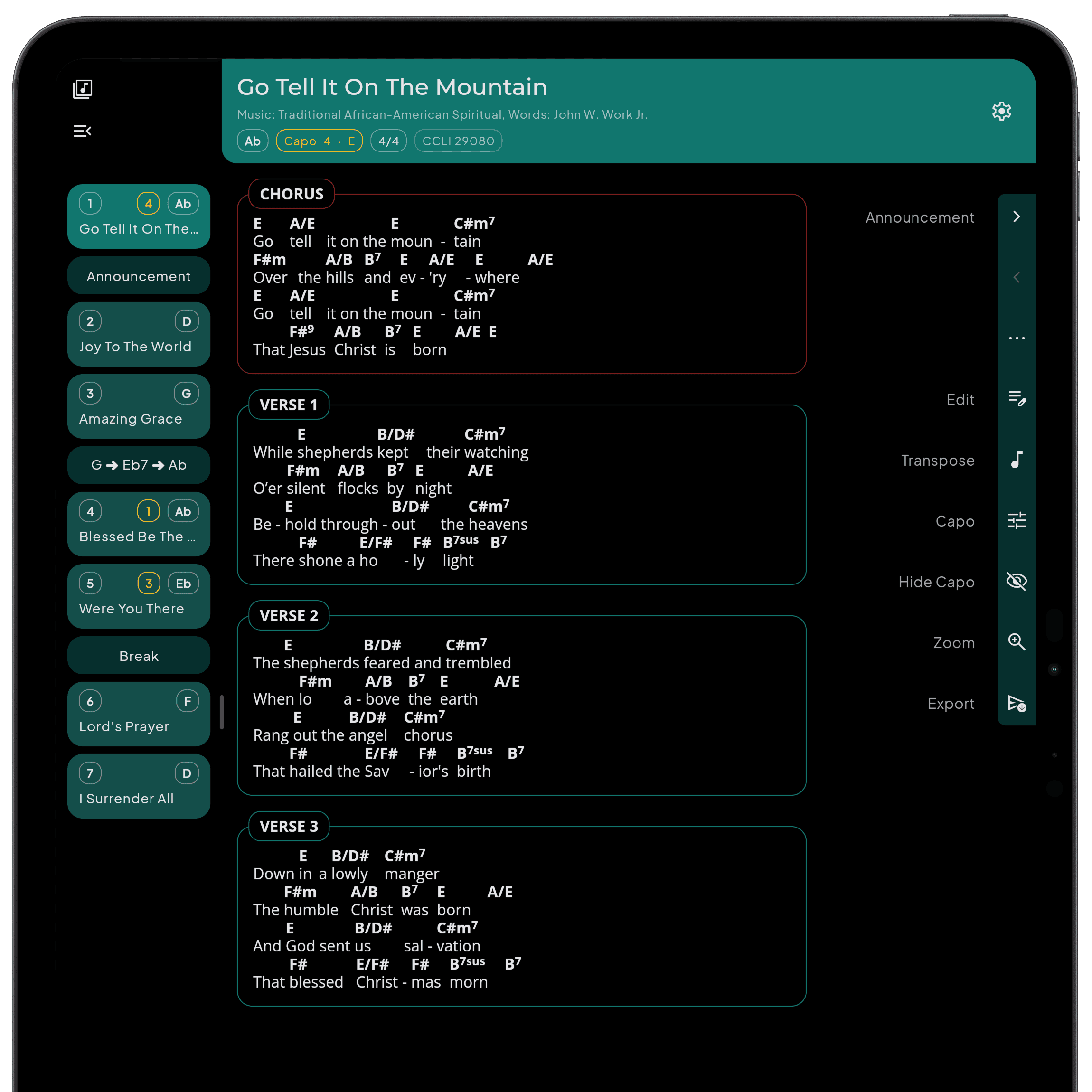 SONGUIDE song view on a tablet with chords above the lyrics