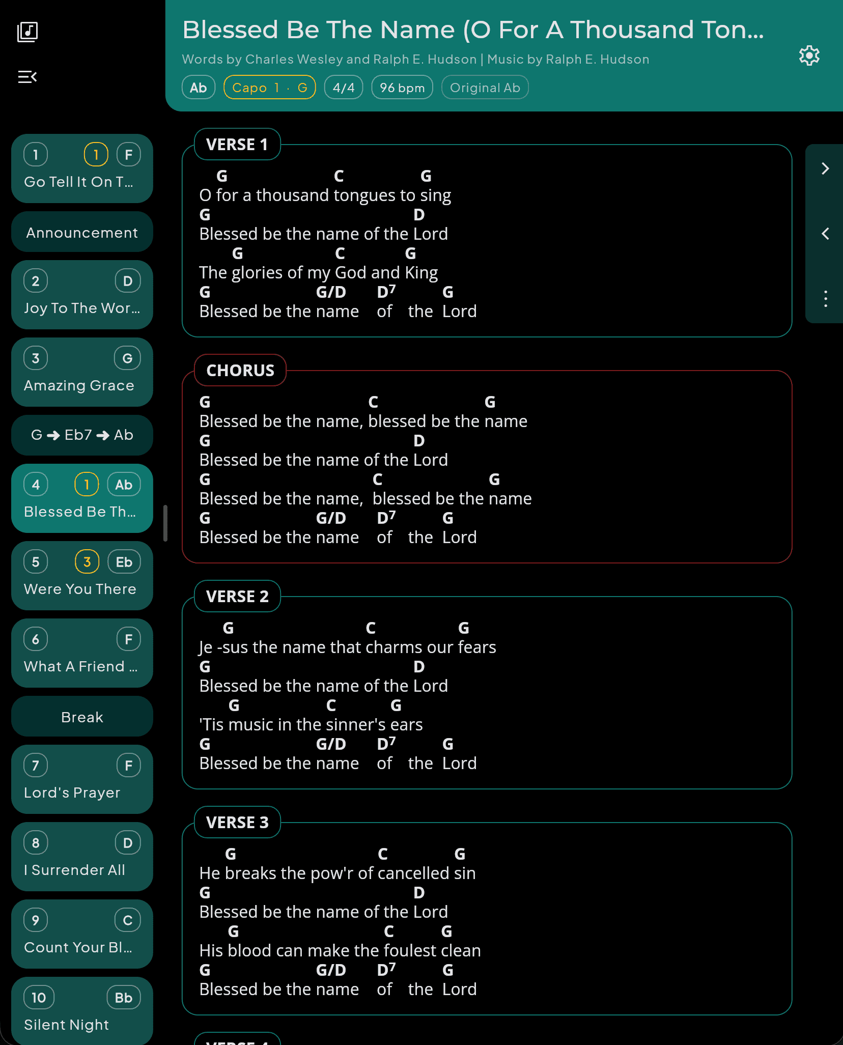 SONGUIDE song view on a tablet screen